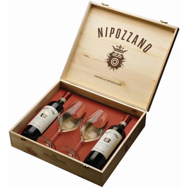 Pachet Vin 2 Sticle Nipozzano Riserva Chianti Rufina Rosu Frescobaldi DOCG 0.75l + Pahare + Cutie Lemn 